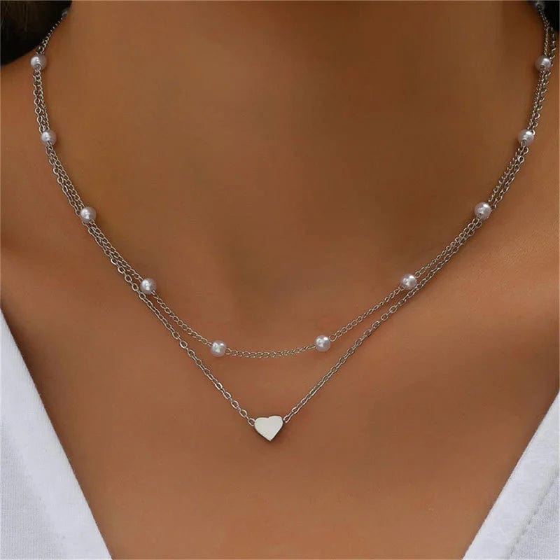 J'ador Paris Necklaces Silver Heart Pearl Choker Necklace